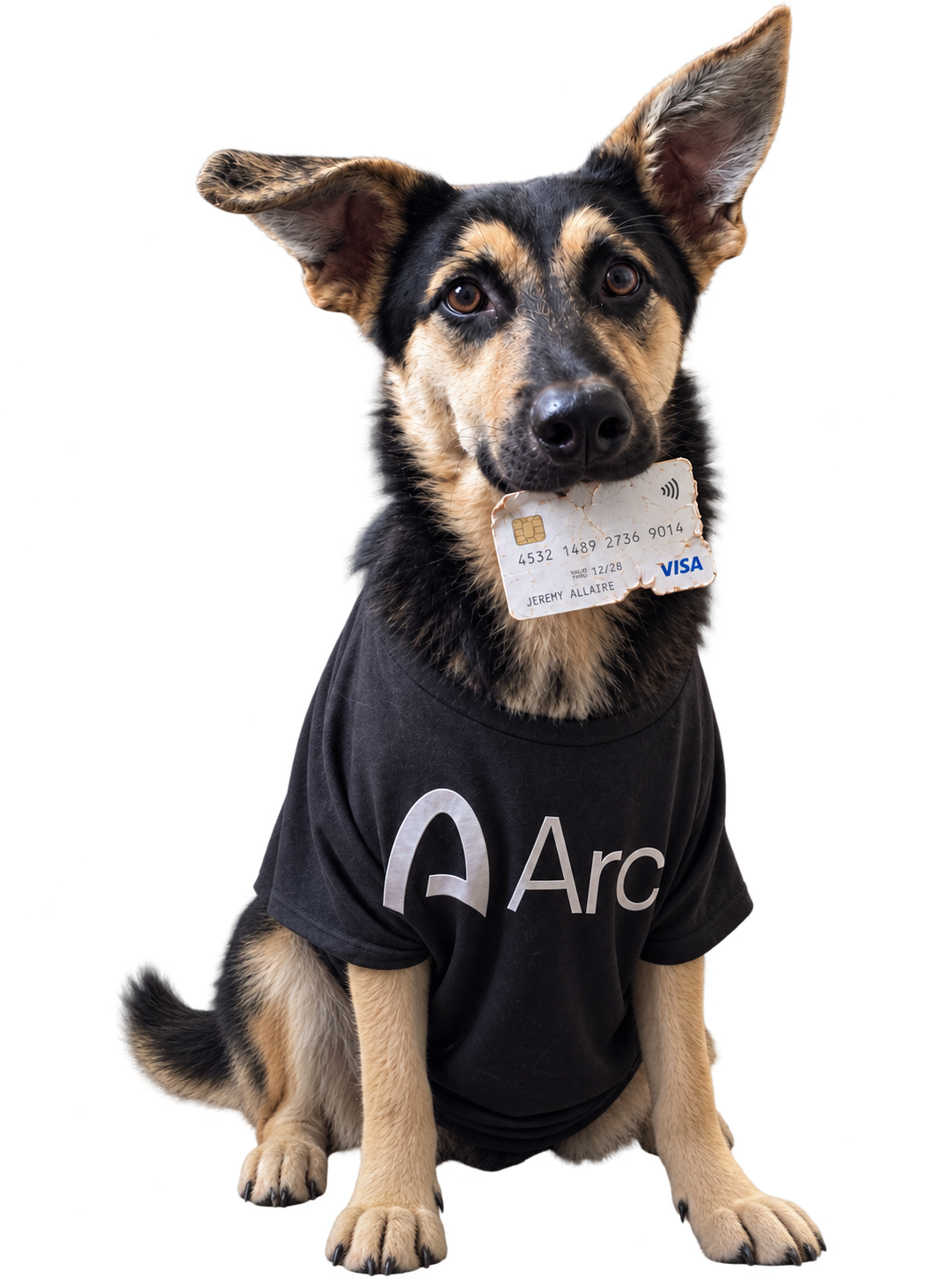 The fictional CREDITDOG mascot holding a chewed credit card